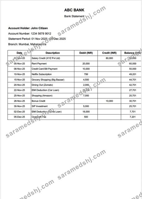 India ABC Bank statement Word and PDF template